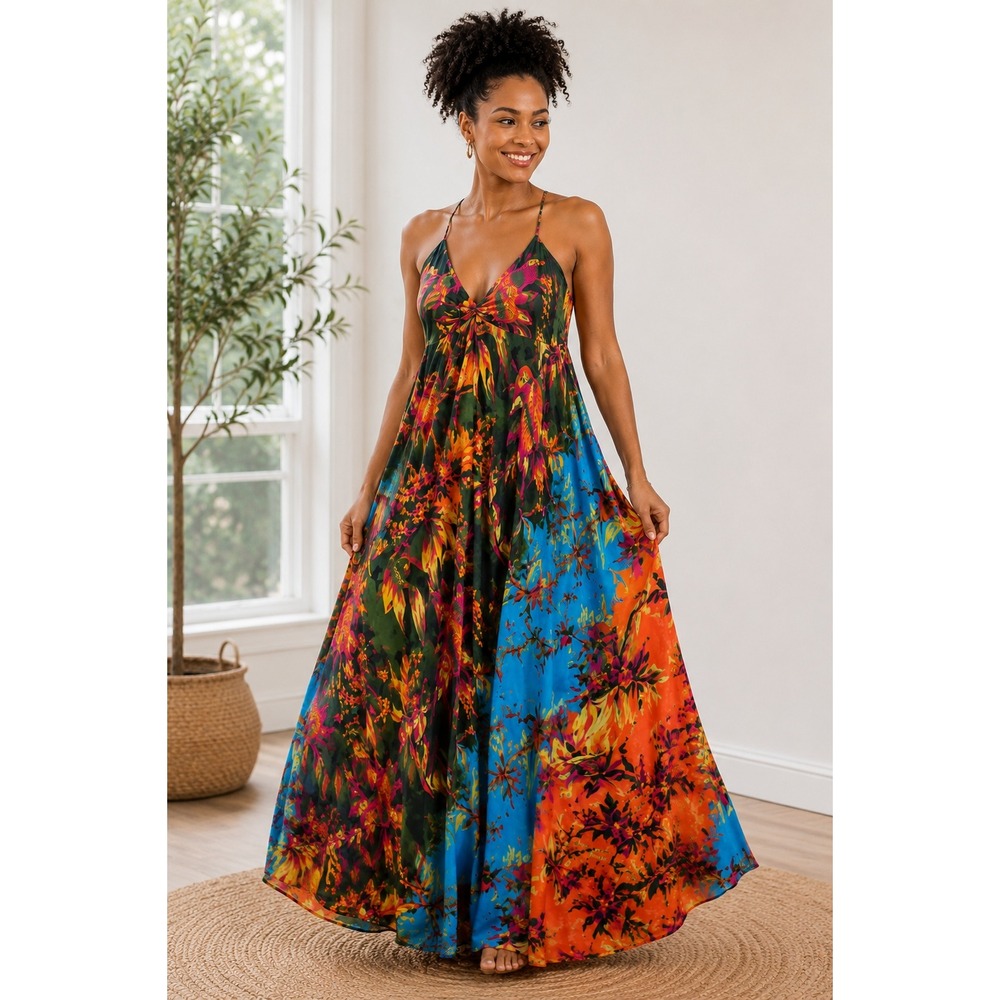 Dress Nado Maxi Dress Tropical Parrot Floral Print Sleeveless Boho XL